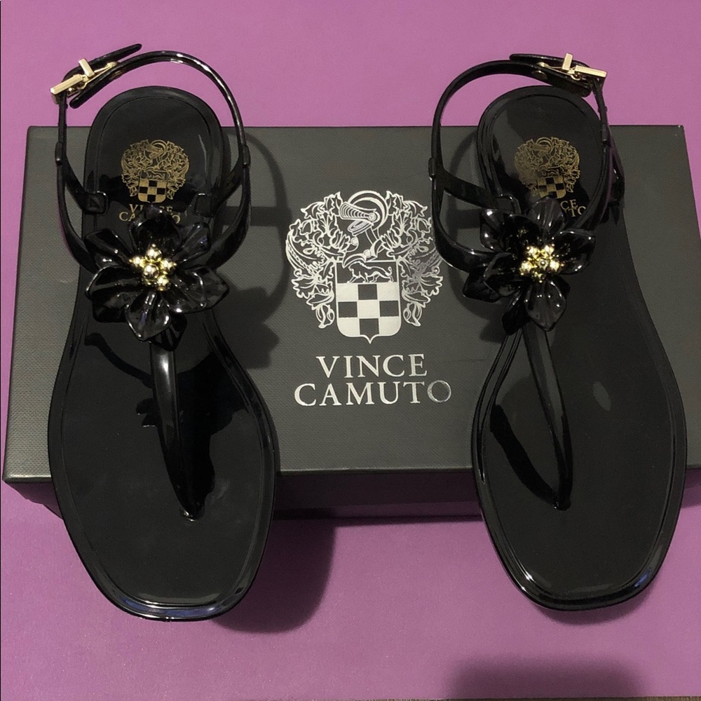 Vince Camuto Black Jelly Sandals with Floral Detail